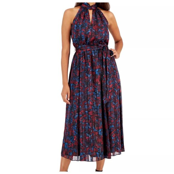 Anne Klein Dresses & Skirts - Anne Klein Twist Neck Halter Midi Dress Womens 16 W Red Blue Floral Metallic NWT